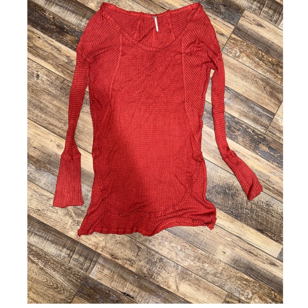 Free People Red Textured Long Sleeve Thermal Top Shirt Women‎ S